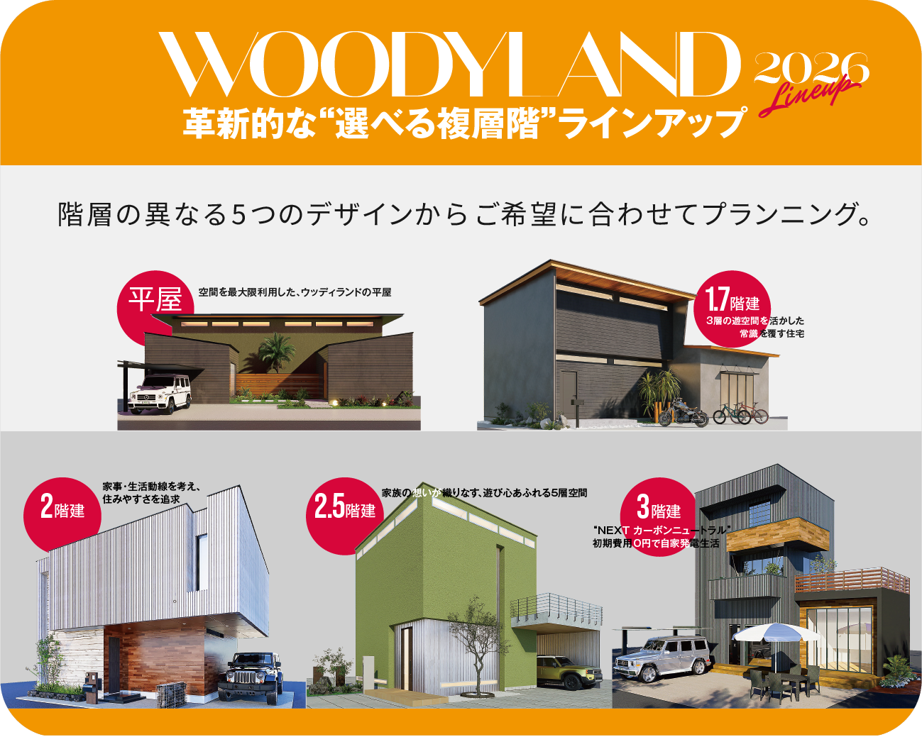 2025年新商品先行受付開始 限定50棟。革新的な“選べる複層階”ラインアップ。階層の異なる5つのデザインからご希望に合わせてプランニング。「こんな家に住みたい…」という夢が叶います!